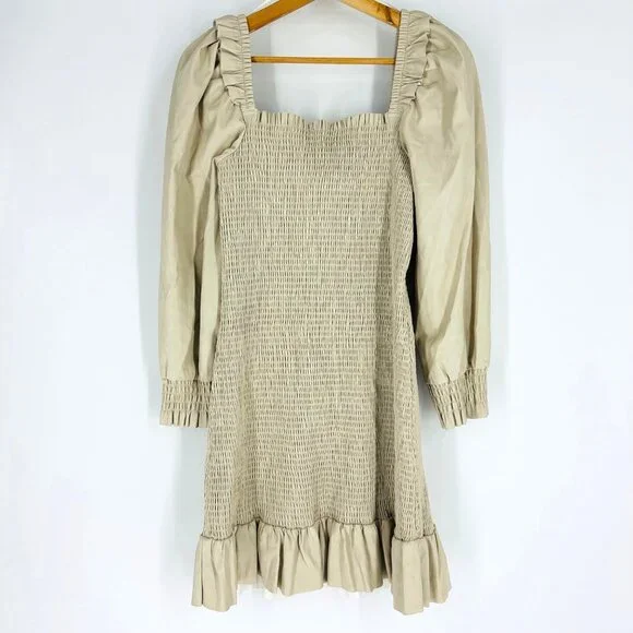 7 For All Mankind Womens Beige Smocked Square Neck Balloon Sleeve Mini Dress L - Picture 5 of 12
